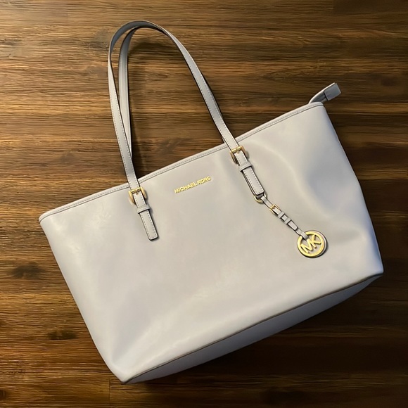 Michael Kors Handbags - Michael Kors Jet Set Medium Saffiano Leather Light Blue Top Zip Tote Bag